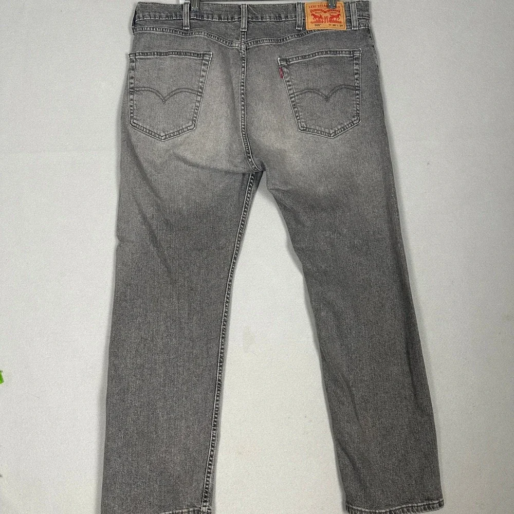 Levis 505 Jeans Mens 38X29 Grey Regular Fit Straight Distressed Stretch Denim